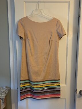 Muse Beige Short-Sleeve Mini Dress with Colorful Striped Hem